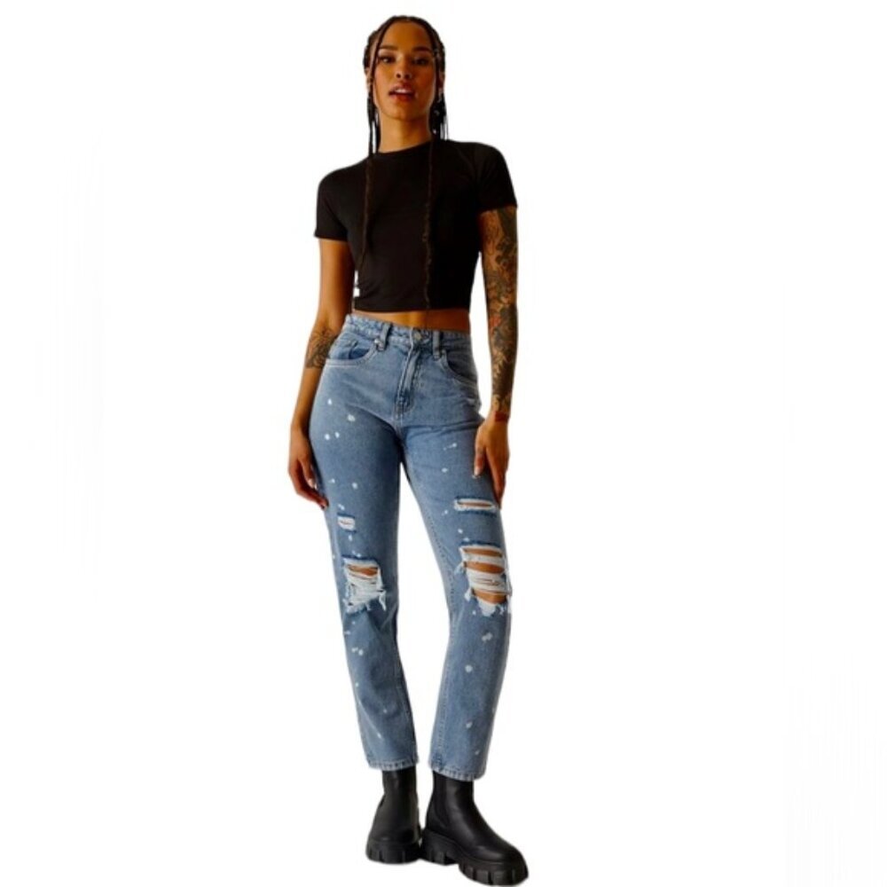 Refuge NEW Boyfriend Mid Rise Straight Leg Distressed Jeans Zip Medium Blue 9